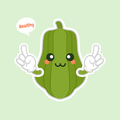 Cute and kawaii Green Chayote Cartoon Character. can be used in restaurant menu, cooking books and organic farm label. Healthy food.Tasty vegan. Organic product. Culinary vegetable ingredient