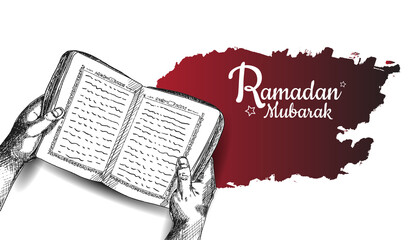 Ramadan Mubarak. hand reading holy muslim book hand drawn isolated on white background red brush