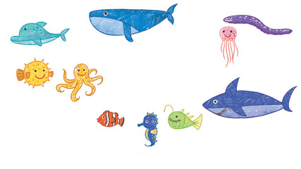 Sea World, Under the Sea. Cute cartoon oil pastel drawing crayon doodle for children book illustration, poster, backdrop, or wall painting.