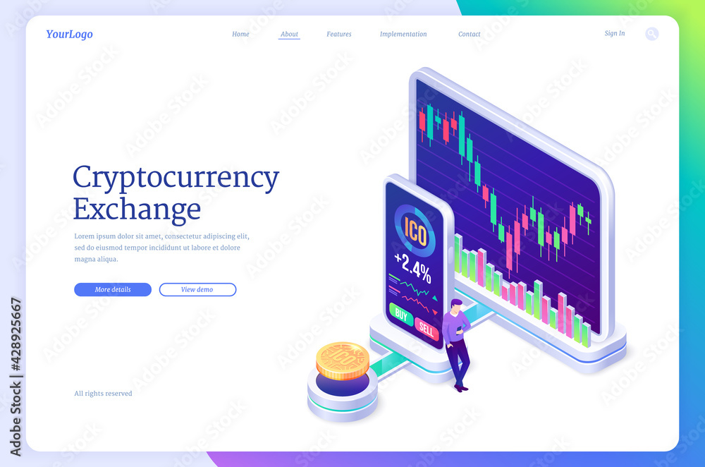 Poster cryptocurrency exchange market isometric landing page. digital money mining, man at huge computer an
