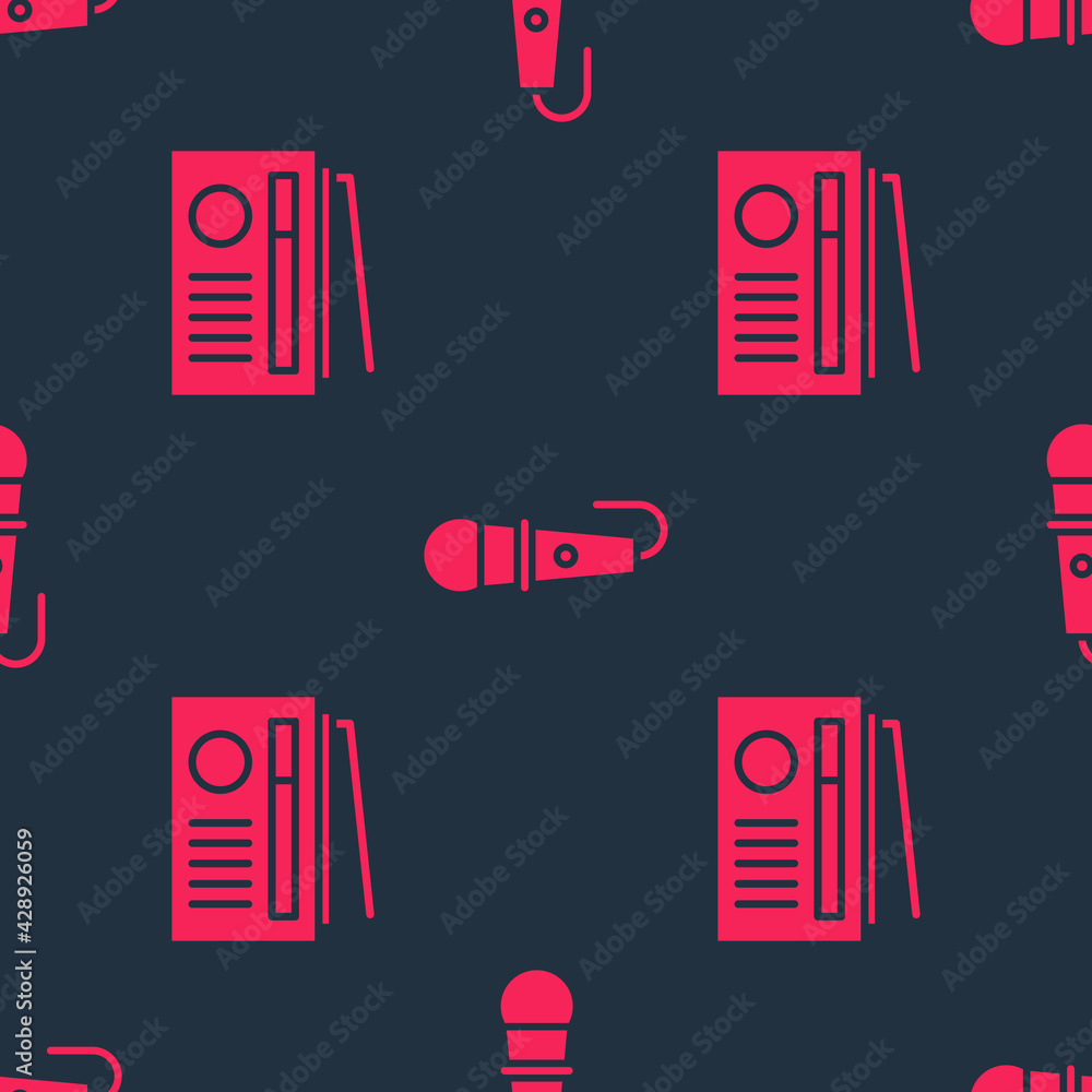 Poster set radio with antenna and microphone on seamless pattern. vector