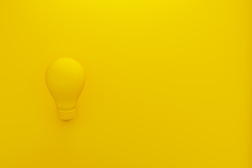 3d illustration. Light bulb yellow on yellow background with copy space