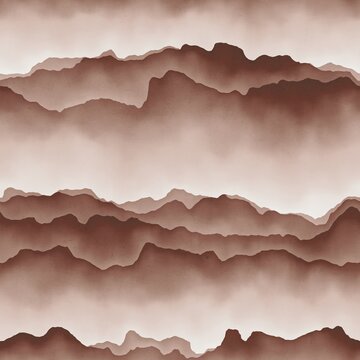 Seamless terracotta colored mountain landscape pattern for print. High quality illustration. Gorgeous textured nature scene for surface design print. Delicately textured, elegant, and trendy.