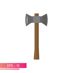 Double axe with wooden handle. Realistic design. On a white background. Tools for the woodcutter and forester. Flat vector illustration.