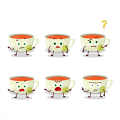 Cartoon character of cup of tea with what expression