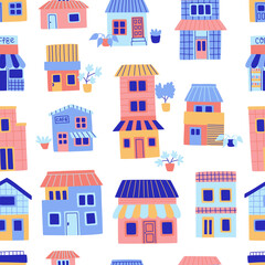 Seamless pattern with houses. Cute town vector illustration. 