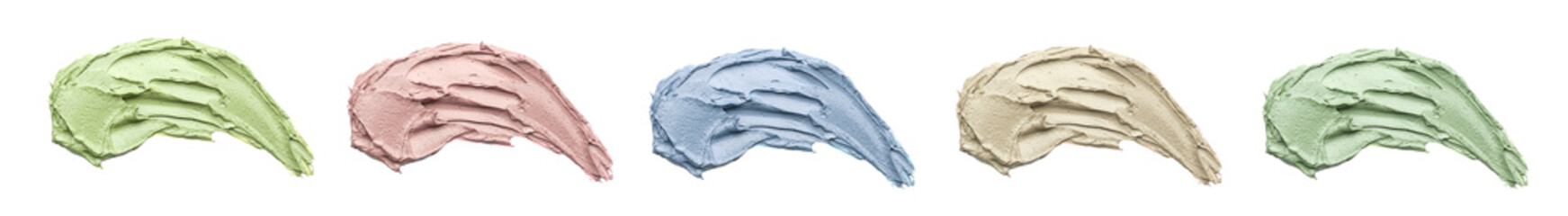 Samples of cosmetic clay on white background