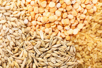 Heap of different cereals and legumes as background