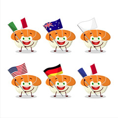 Nigiri sushi cartoon character bring the flags of various countries