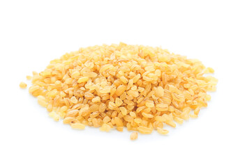 Heap of dry bulgur on white background
