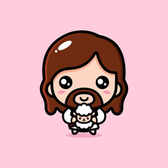 cute cartoon jesus vector design holding a sheep