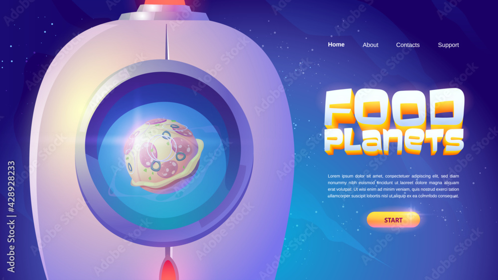 Poster food planets website with spaceship and sphere with pizza pattern. vector landing page of online gam