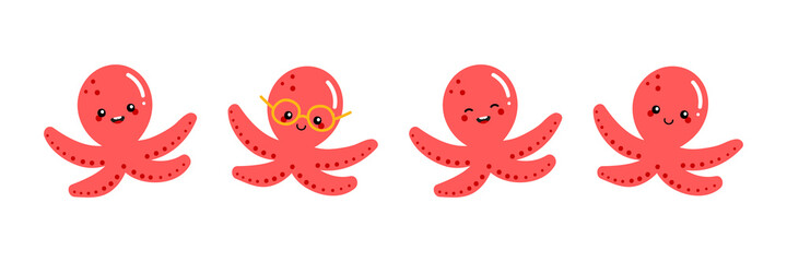 Set, collection of cute and smiling cartoon style red baby octopus characters for sea life design. © cosmic_pony