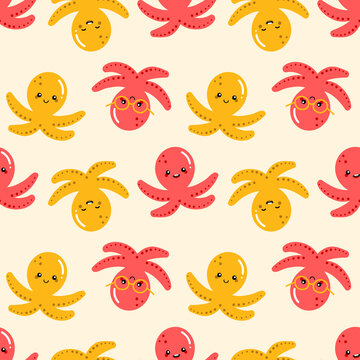 Cute smiling red and yellow baby octopus cartoon style characters for sea life design.
