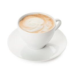 Cup of hot cappuccino coffee on white background