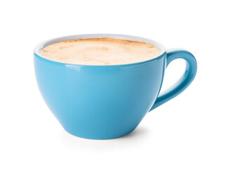 Cup of hot cappuccino coffee on white background