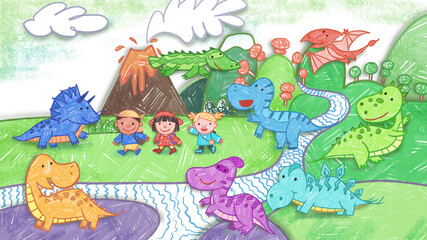 Obraz na płótnie Canvas 3 little adventurers Dinosaur Center of Earth volcano Background Art Backdrop. Cute cartoon oil pastel drawing crayon doodle for children book illustration, poster, backdrop, or wall painting.