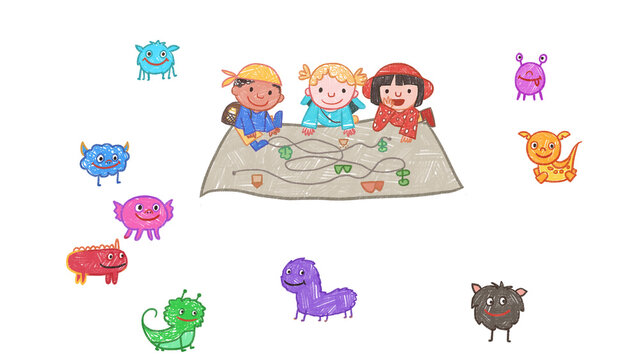3 little adventurers with cute monsters Background Art Backdrop. Cute cartoon oil pastel drawing crayon doodle for children book illustration, poster, backdrop, or wall painting.