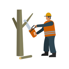 A worker cuts down tree branches with a hand chainsaw