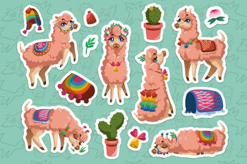 Set of stickers with Llama, Peru alpaca animal cartoon character. Mexican Lama mascot with cute face wear tassels on ears and blanket sitting, sleeping, grazing and stand isolated cut out patches