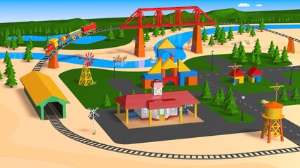 Toy Train Set with Bridge Tunnel and Buildings - 3D Illustration