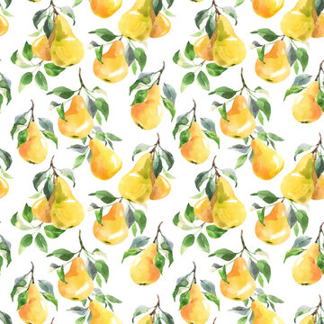 Beautiful seamless pattern with hand drawn watercolor tasty summer pear fruits. Stock illustration.
