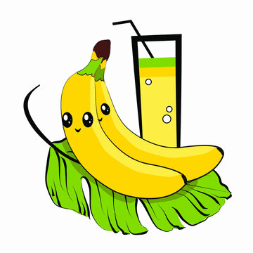 Vector illustration of cartoon fruits. Isolated image of a banana with eyes and a glass of juice.