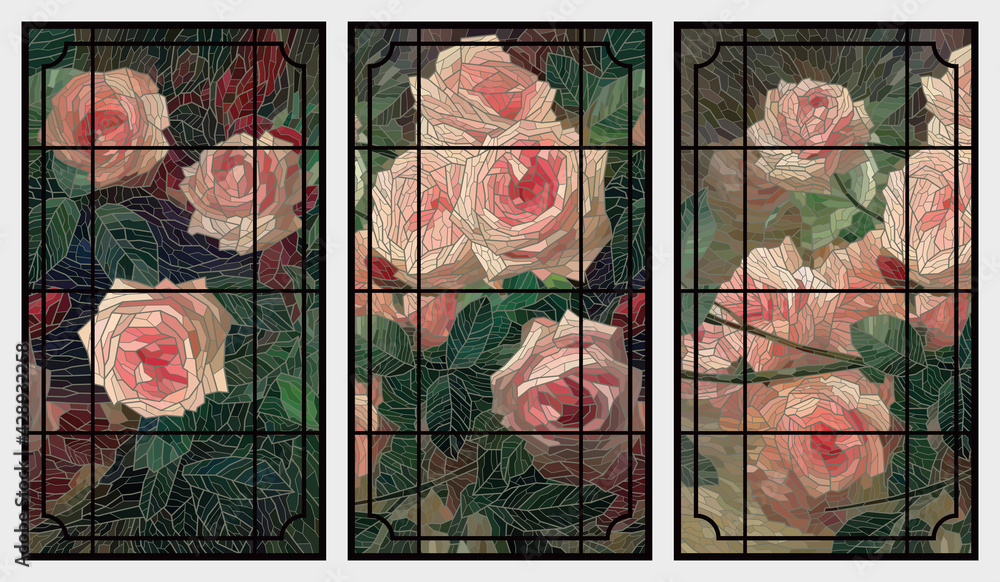 Wall mural stained glass rose. a set of three images for printing on glass. vector graphics