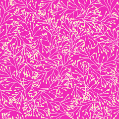 Pink nature seamless pattern. Repeating plants background bright pink white beige hand drawn branches, stems. Contour wild grass floral repeating abstract texture for fabric, wallpaper