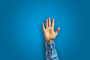 Woman arm gesturing with open hand isolated on blue background