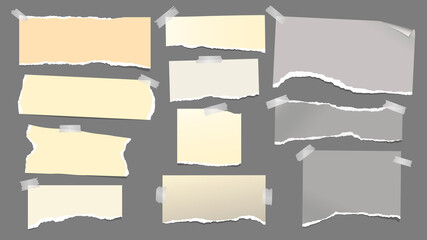 Set of torn yellow, grey note, notebook paper pieces stuck on dark grey background. Vector illustration