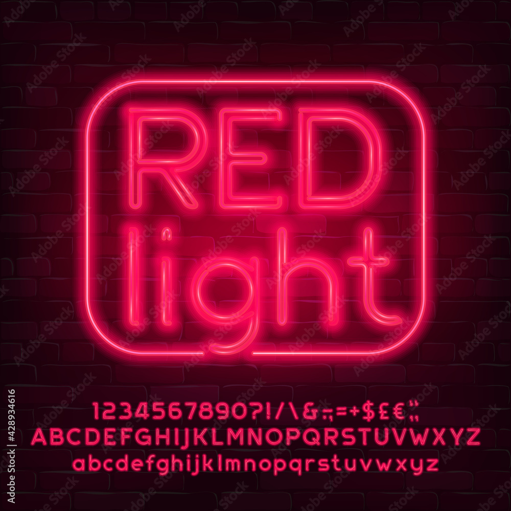 Fototapete red light alphabet font. neon light letters, numbers and punctuation. uppercase and lowercase. stock