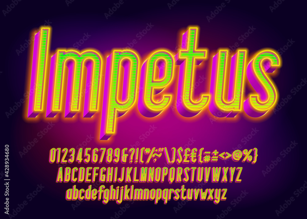 Poster impetus alphabet font. 3d effect glowing letters, numbers and punctuations. uppercase and lowercase.
