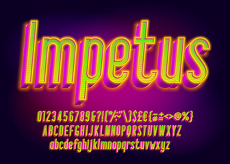 Impetus alphabet font. 3D effect glowing letters, numbers and punctuations. Uppercase and lowercase. Retro-futuristic vector typescript for your typography design.