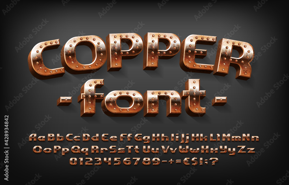 Fototapete copper alphabet font. messy steampunk 3d letters, numbers and symbols. uppercase and lowercase. stoc