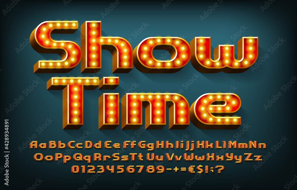 Poster show time alphabet font. 3d letters, numbers and symbols with light bulbs. uppercase and lowercase. 