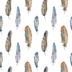 Watercolor seamless pattern with bird feathers, elements isolated on white background. Design of fabric, textile, wrapping paper