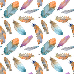 Seamless pattern with bird feathers in boho style, watercolor feathers, pattern for wrapping paper, textile design, fabric