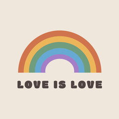 LGBT Pride Month. Gay rainbow in pastel colors with caption Love is Love. Vector card or poster during pride parade celebration. Trendy symbol for LGTBQ festival. Flat Vector illustration.