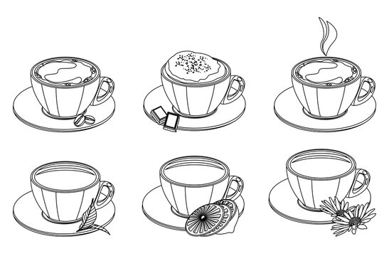 Black and white set with tea cups. Illustration can be used for coloring book and pictures for children.