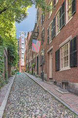 Beacon Hill neighborhood with old cobble stones, downtown Boston, Massachusetts