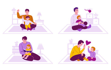 Set of concept of spending time together father and children. Family on the background of the interior of the room. Vector illustration in flat cartoon style.