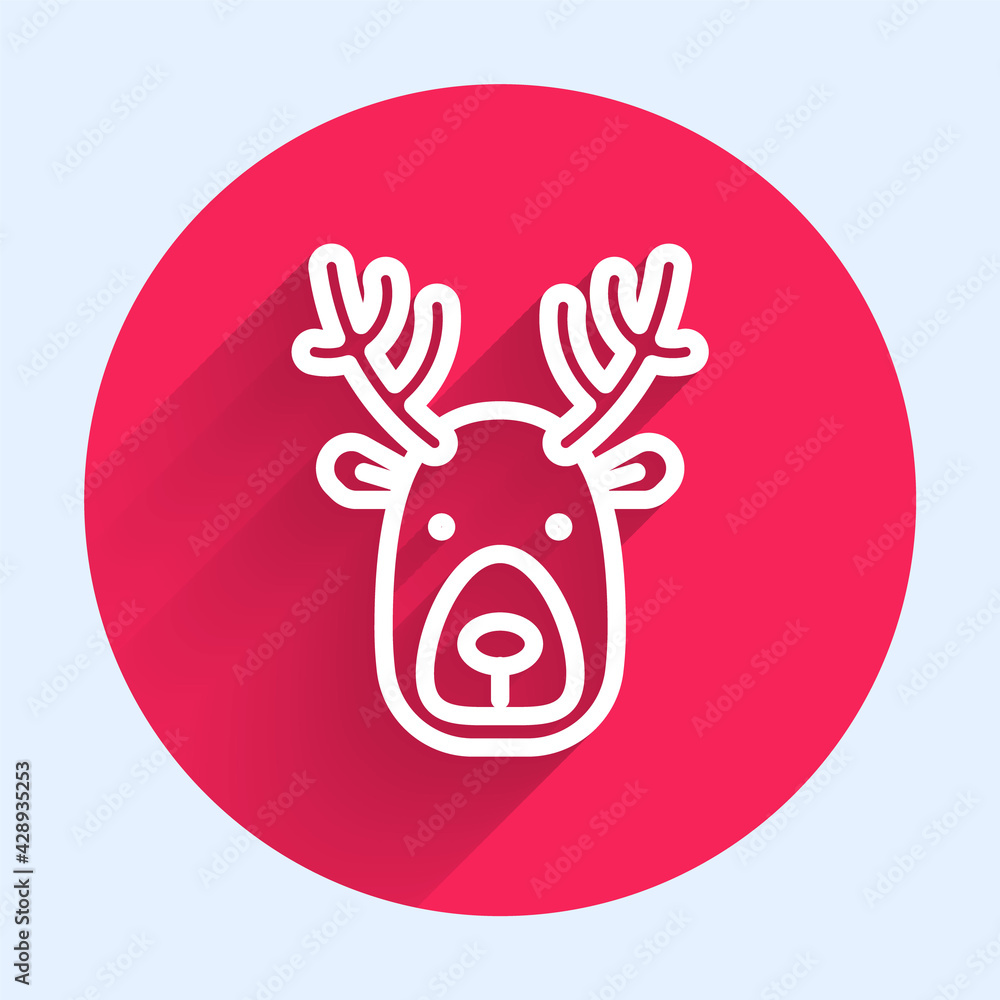 Poster white line deer head with antlers icon isolated with long shadow. red circle button. vector