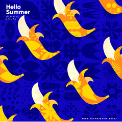 Bananas. Summer. Flat vector illustration. Summer time, background patterns on the theme of summer, vacation, weekend, beach. Perfect background for posters, cover art, flyer, banner.