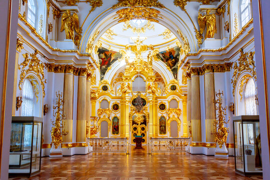 Saint Petersburg, Russia - April 2021: Interiors of Grand church of Winter Palace (Hermitage museum)