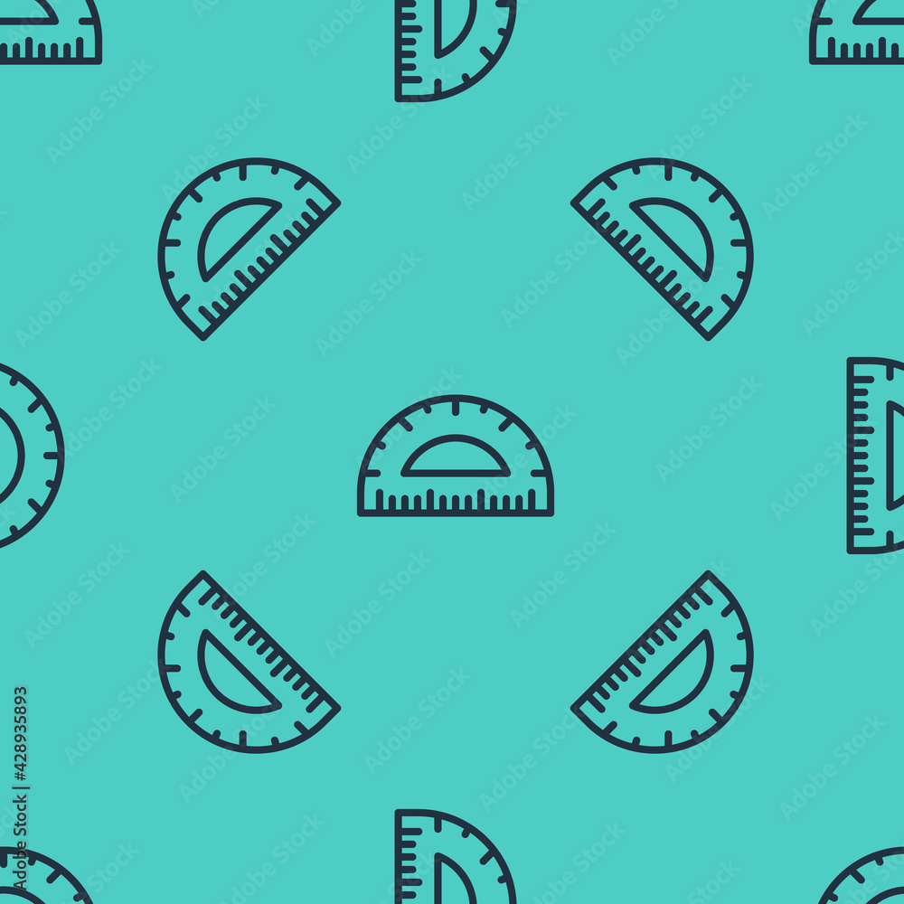 Poster black line protractor grid for measuring degrees icon isolated seamless pattern on green background.