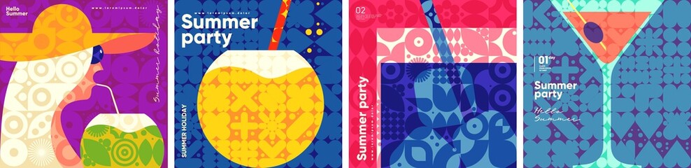 Cocktails. Summer. A set of flat vector illustrations. Summer time, background patterns on the theme of summer, vacation, weekend, beach. Perfect background for posters, cover art, flyer, banner.