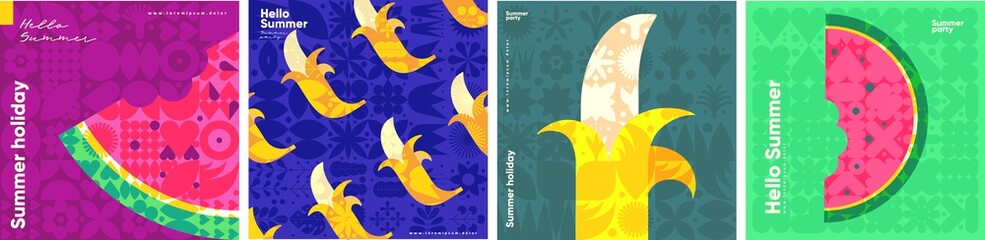Bananas, watermelon. Summer. Flat vector illustration. Summer time, background patterns on the theme of summer, vacation, weekend, beach. Perfect background for posters, cover art, flyer, banner.