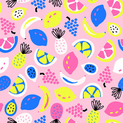 Summer fruit seamless vector pattern blue white yellow pink. Repeating cute exotic bright colorful background Scandinavian style. Abstract tropical pineapple, lemons, banana summer decor, fabric.