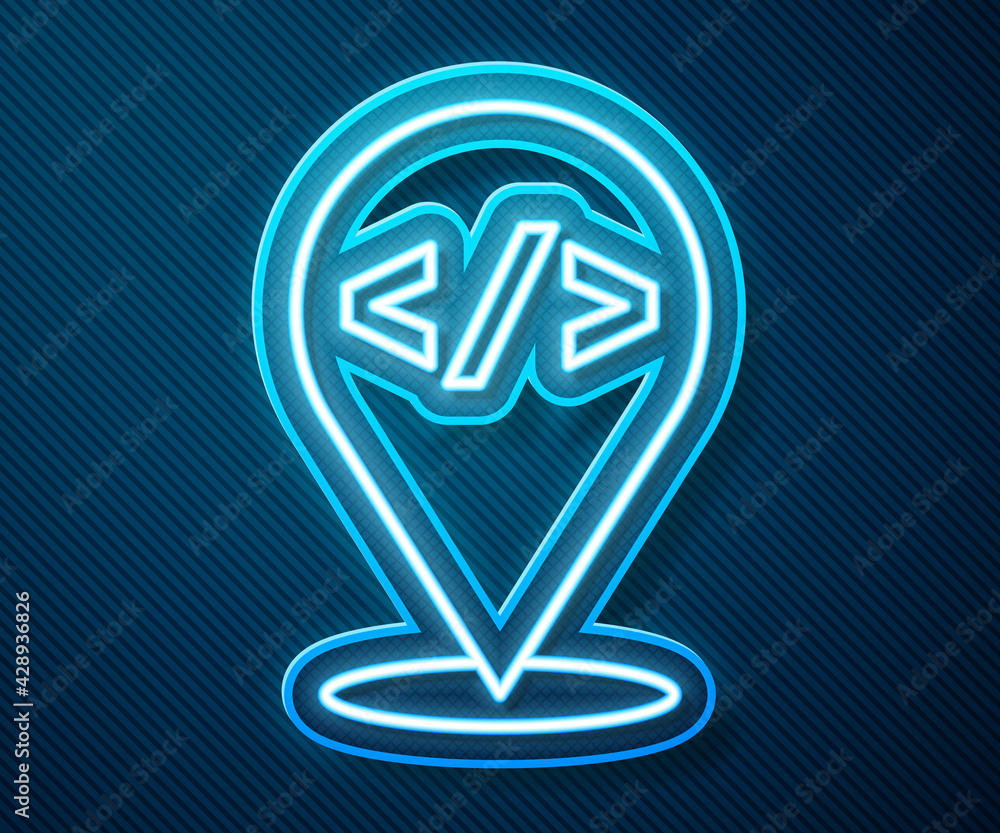 Wall mural glowing neon line web design and front end development icon isolated on blue background. vector